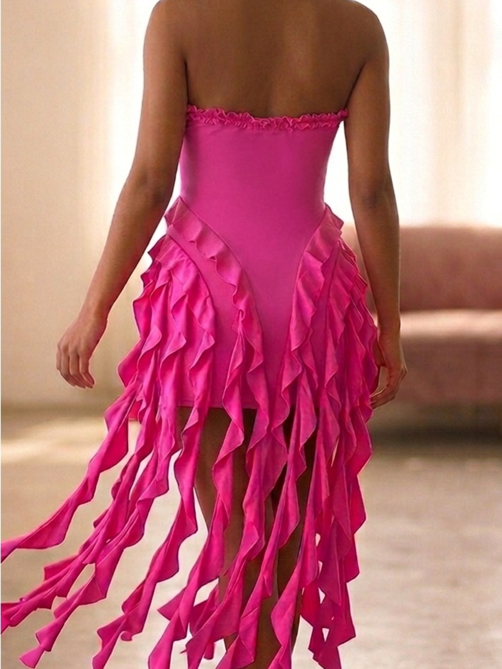 Hot Pink Halter Cascade Ruffle Fringe Mini Dress Corset Bust (Size L) - Picture 2 of 6
